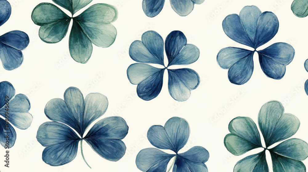 Fototapeta premium Watercolor clover isolated on white background, Lucky clover leaves with four leaf,Clover flowers background,Patricks day watercolor clipart,Spring flower pattern,St. Patrick s day seamless pattern.