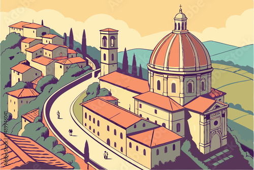 96 panoramic cityscape of winding streets, tile-roofed buildings, ancient architecture, vibrant colors, hilly terrain, sunny day, cloudless blue sky, aerial view