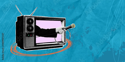 Trendy halftone collage in pop art style. Cut out hand put microphone out of TV, copy space. Concept of metaphor, news and interview.