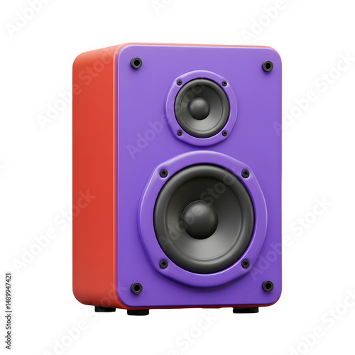 Vibrant purple and orange stereo speaker.  Perfect for a modern music setup. 3D icon, plastic illustration style on transparent or white background