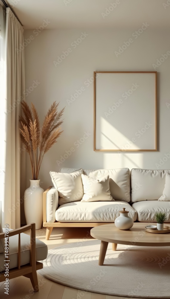 Serene japandi living room with neutral color palette, cozy furniture, natural materials, Japanese, zen, interior Serene japandi living room with neutral color palette, cozy furniture, natural materials, Japanese, zen, interior