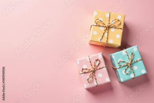 Wallpaper Mural Set of whimsical polka dot boxes tied with twine on soft blush background, birthday, wrapping, packaging Torontodigital.ca