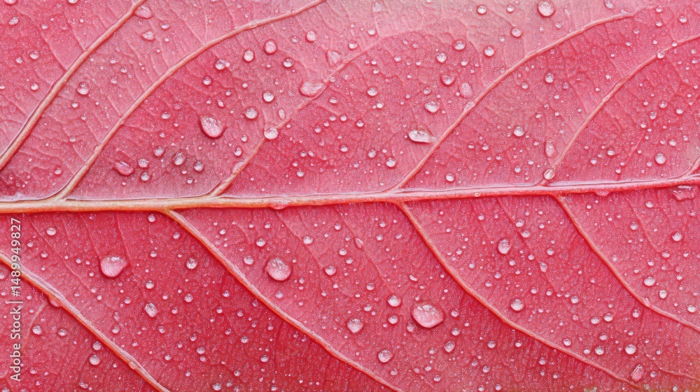 Obraz premium Macro Photography Of Dew Drops Aligned In Symmetry On A Vibrant Red Leaf Surface