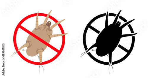 Stop sign crossing over dust mite, anti mite symbol, two versions color and black and white