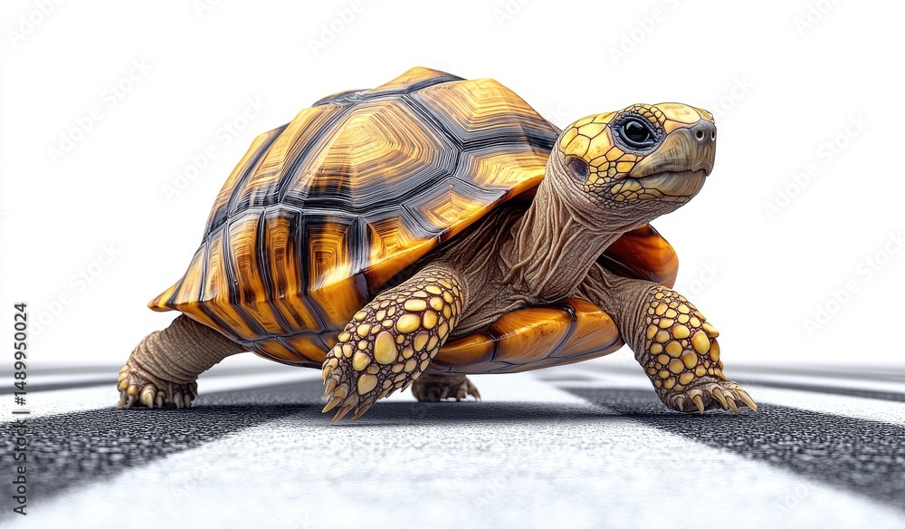 Obraz premium A golden tortoise strides across a patterned surface.