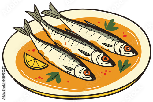 99 sardines, fish fillets, orange sauce, food photography, high detail, studio lighting, sharp focus, vibrant colors