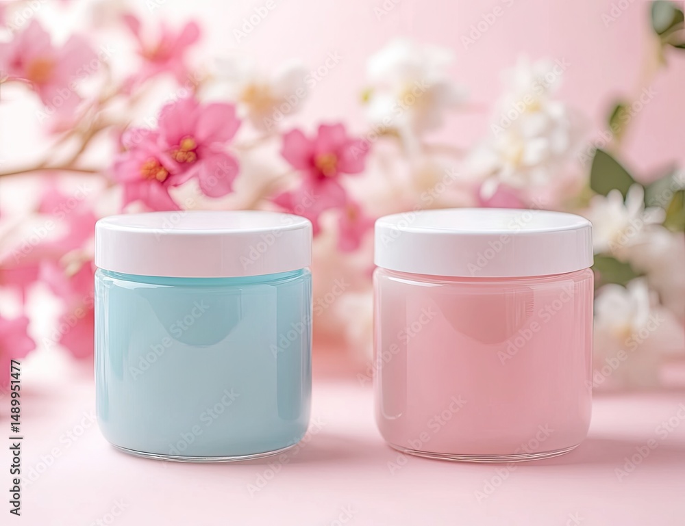 Two small, round, opaque jars, one light blue, one light pink, with white lids, sit on a pink surface. Soft-focus artificial cherry blossoms in pastel pinks and whites frame the jars Two small, round, opaque jars, one light blue, one light pink, with white lids, sit on a pink surface. Soft-focus artificial cherry blossoms in pastel pinks and whites frame the jars