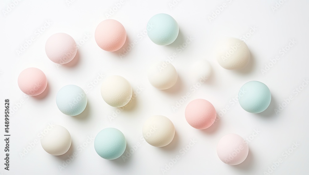 Pastel-colored eggs arranged on a white background. Atop a plain white surface, various pastel-hued spherical objects, reminiscent of Easter eggs, are artfully scattered. Pastel-colored eggs arranged on a white background. Atop a plain white surface, various pastel-hued spherical objects, reminiscent of Easter eggs, are artfully scattered.
