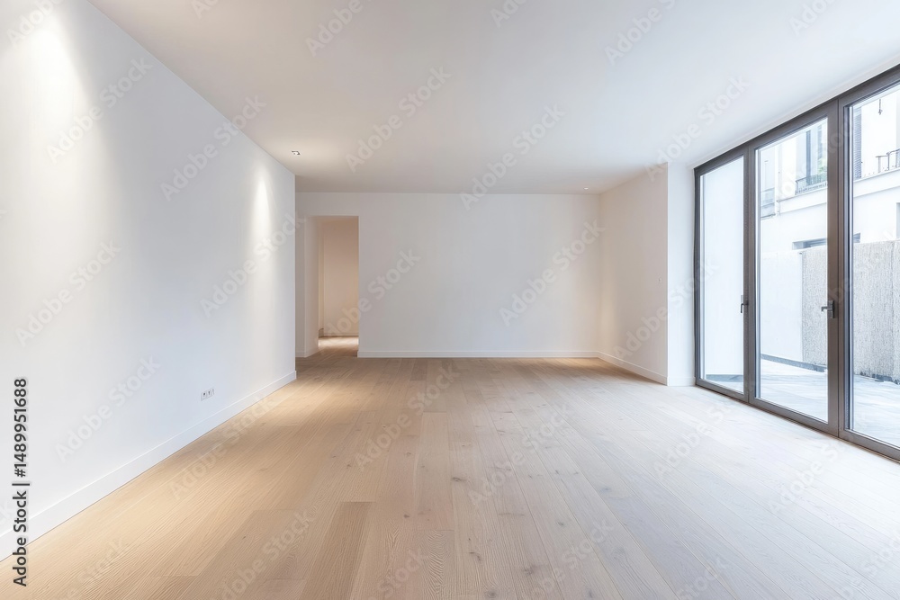 Empty, modern room with light hardwood floors and large windows Empty, modern room with light hardwood floors and large windows