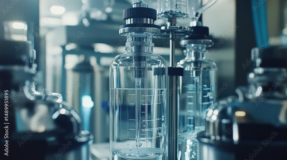 Close up of glass bottles in a high tech pharmaceutical laboratory Close up of glass bottles in a high tech pharmaceutical laboratory