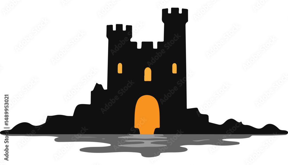 Castle with twin towers on island silhouette over water
Castle with twin towers on island silhouette over water
