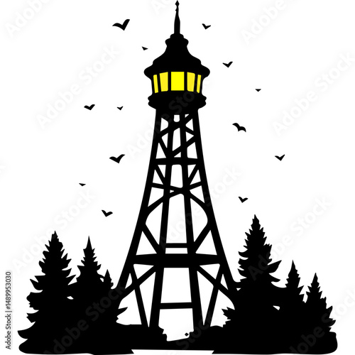 Observation tower in forest with birds in black and white style
