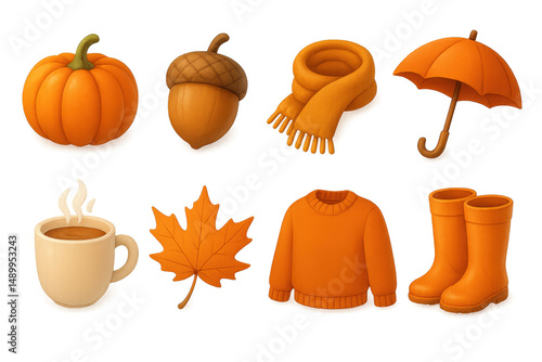 Autumn icons set – 3d cozy, seasonal and fall symbols for creative design