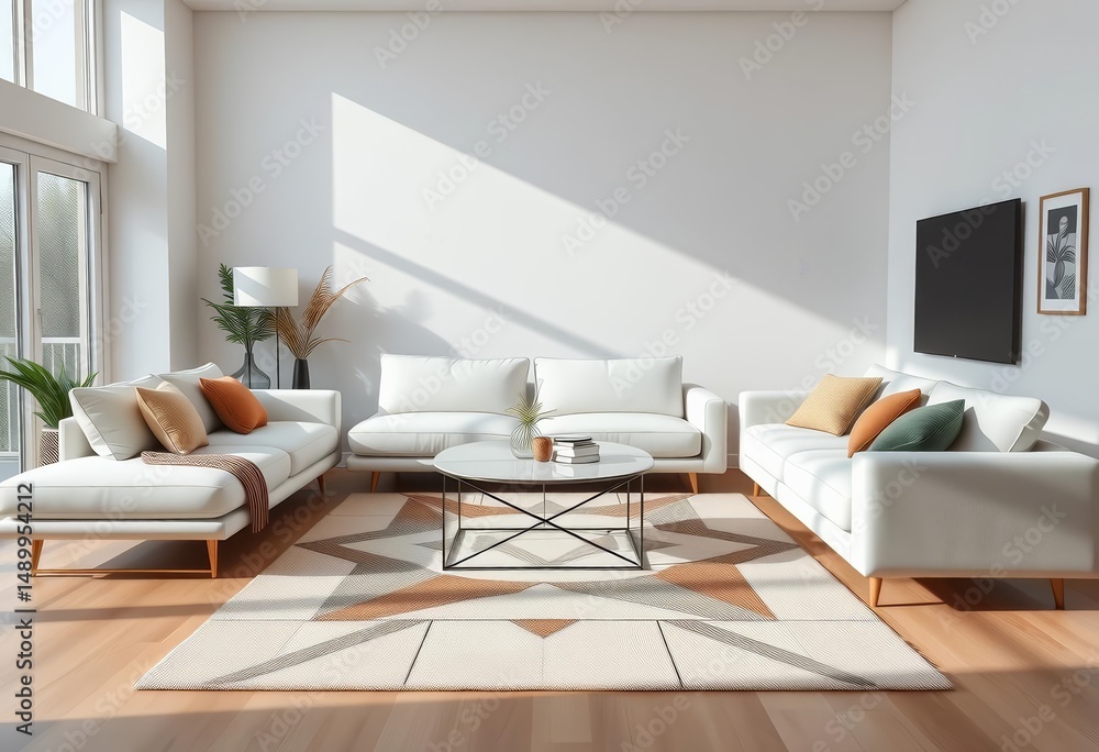 Fototapeta premium Sleek white sofa, minimalist coffee table, geometric rug in bright modern living room, monochrome, contemporary