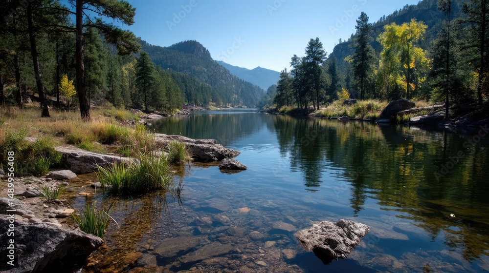 Naklejka premium Scenic view of lake in pine forest beside nature park concept. A serene river reflecting mountains and trees under clear blue skies.