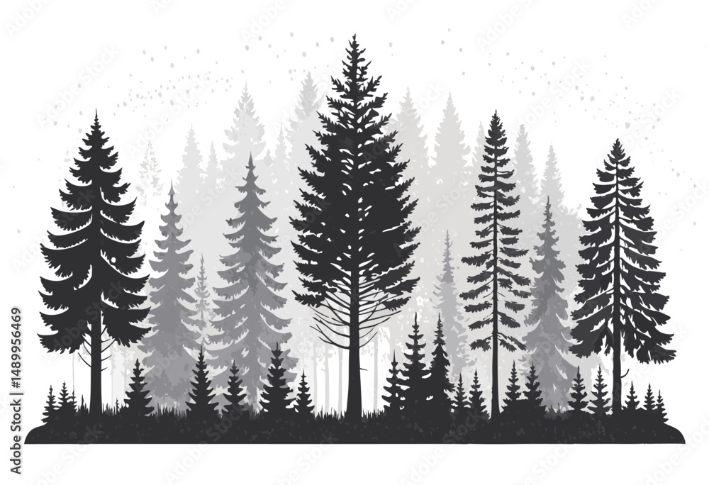 Obraz premium Silhouette of various pine trees in a monochromatic forest setting.