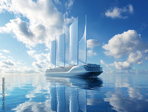 Wind-powered cargo ship transporting goods across tranquil waters ocean environment futuristic viewpoint
