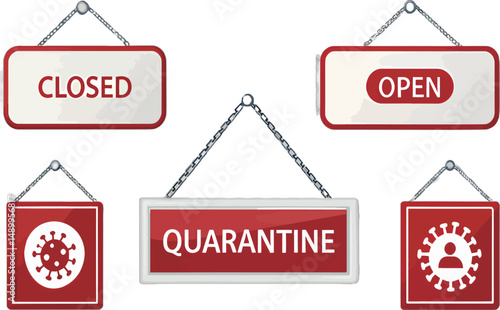 Mixed signs showing 'Closed', 'Open', and 'Quarantine' for businesses and health safety.
