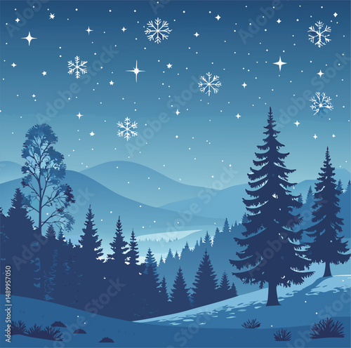 Enchanting winter landscape with blue tones and snowflakes under a starry sky.