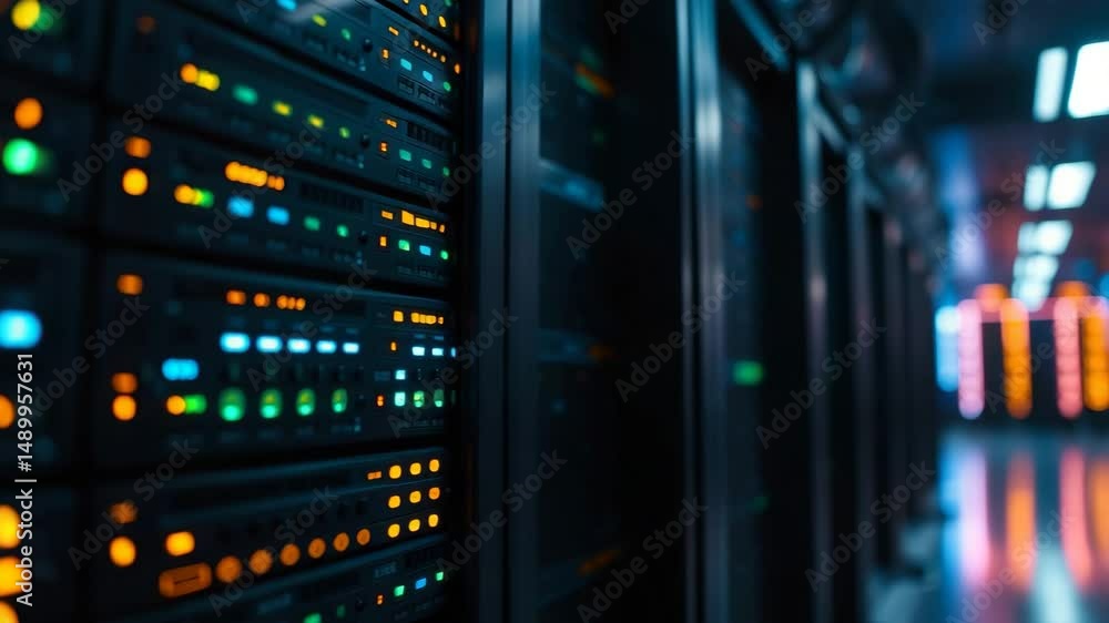 A closeup of a data center server rack with glowing lights indicating the AI systems at work processing and yzing mive amounts of information The image showcases the behindthescenes A closeup of a data center server rack with glowing lights indicating the AI systems at work processing and yzing mive amounts of information The image showcases the behindthescenes