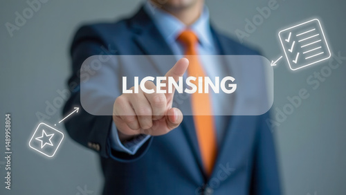 Businessman Touching Licensing Concept with Icons on Modern Background