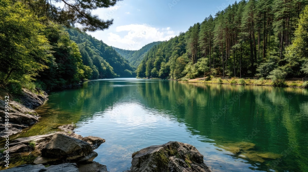 Fototapeta premium Scenic view of lake in pine forest beside nature park concept. Serene lake surrounded by lush green trees and mountains.