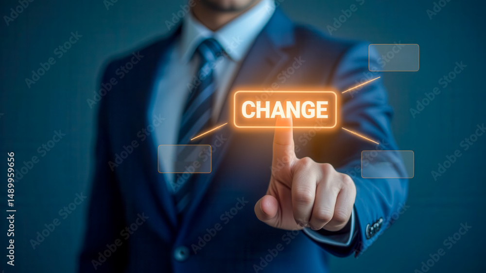 Obraz premium Businessman Touching Touchscreen Interface to Initiate Change in Corporate Strategy