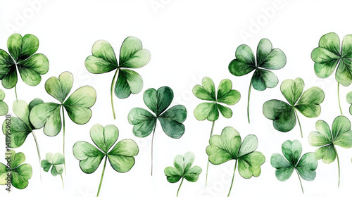 Watercolor clover isolated on white background, Lucky clover leaves with four leaf,Clover flowers background,Patricks day watercolor clipart,Spring flower pattern,St. Patrick s day seamless pattern.