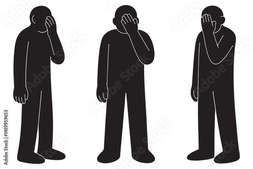 Black silhouette men covering face illustration for concept of shame regret or disappointment art