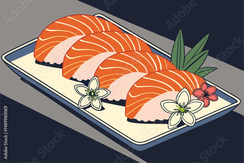 151 colorful, appetizing sushi, vibrant orange slices, shiny ginger, delicate edible flowers, iridescent surface reflection, dramatic lighting, minimalist dark background