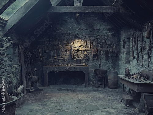 Cinematic blacksmith workshop scene rustic environment old tools and artifacts atmospheric interior