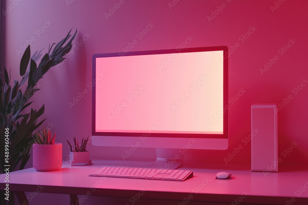Pink-lit workspace with computer Pink-lit workspace with computer