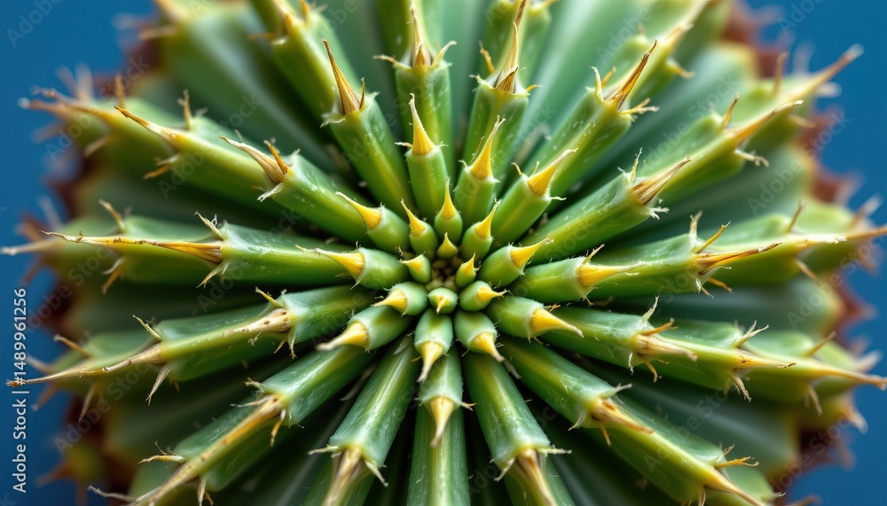 Obraz premium Close-Up View of Green Spiky Cactus with Sharp Thorns on Blue Background in Natural Light