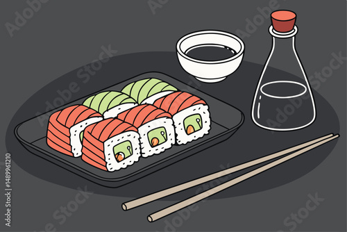 152 multicolored sushi, wasabi, soy sauce, chopsticks, black plate, dark moody lighting, minimalist background, food photography