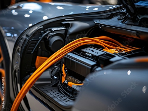 Electric vehicle motor close-up automotive workshop technical photography industrial setting detailed perspective innovation insights