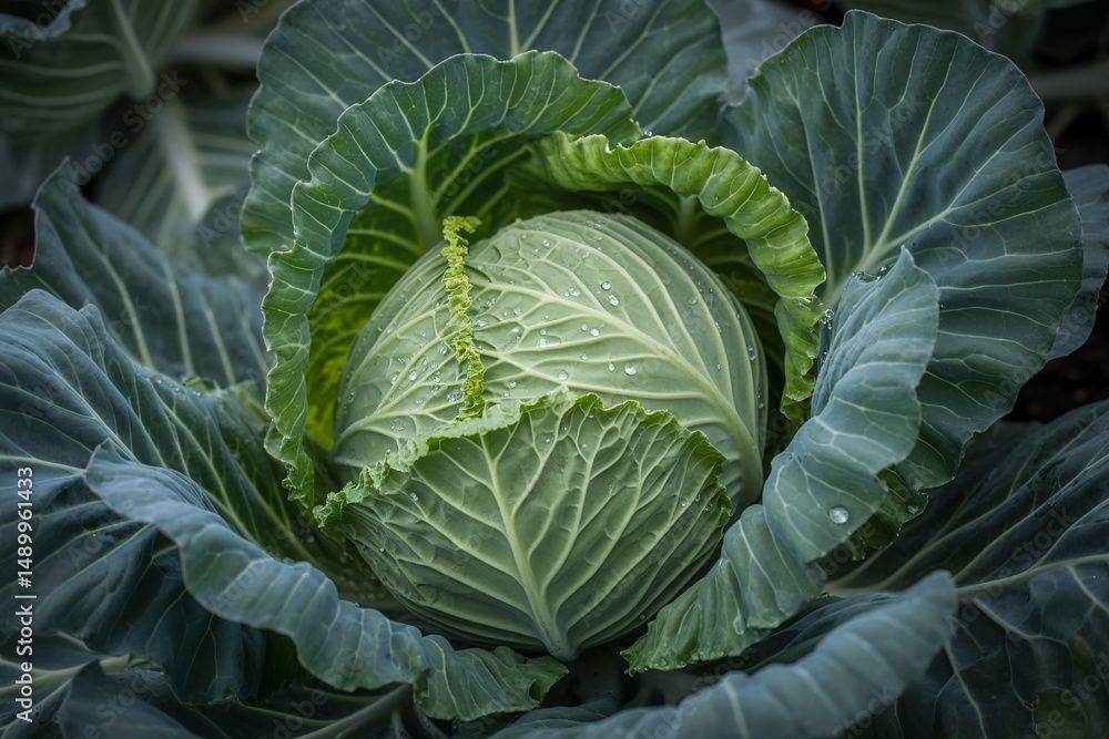 Obraz premium Fresh green cabbage with dew drops resting on vibrant leaves.