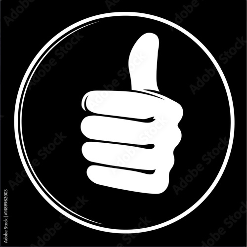 Black and white thumbs up icon inside circular frame flat minimalist vector symbol representing approval positive feedback and success concept design illustration