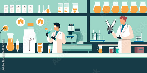 Two scientists conducting experiments using laboratory glassware and microscope in modern scientific research lab vector illustration flat design