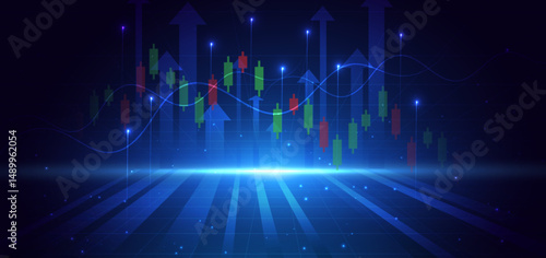 Abstract arrow up with stock market candlesticks glowing light effedct on dark blue background. Business investment concept.