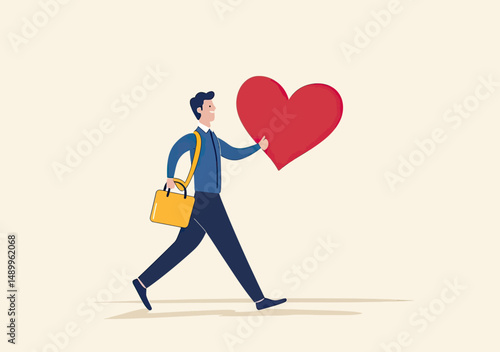 Happy businessman walking with red heart shape holding briefcase symbolizing work passion motivation inspiration and career success in minimalist flat vector style