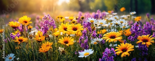 Blooming flowers in meadow across glowing vibrant paradise concept. Vibrant wildflowers bloom in a sunny field, showcasing nature's beauty.