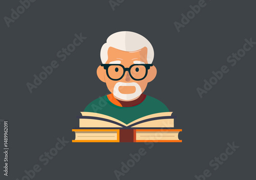 Elderly man with white hair and glasses reading open books vector illustration flat design education knowledge learning concept male portrait