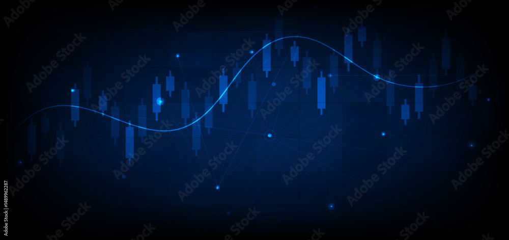 Fototapeta premium Stock market candlesticks glowing light effedct on dark blue background. Business investment concept.