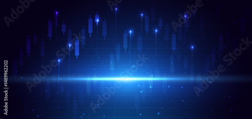 Stock market candlesticks glowing light effedct on dark blue background. Business investment concept.