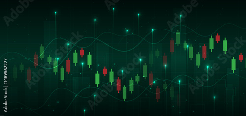 Stock market candlesticks glowing light effedct on dark green background. Business investment concept.