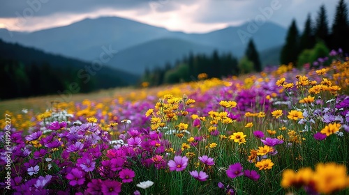 Blooming flowers in meadow across glowing vibrant paradise concept. Vibrant wildflower meadow with colorful blooms and mountains.