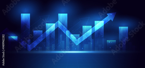 Arrow up finance chart stock market growth glowing light effect on dark blue background. Business investment concept.