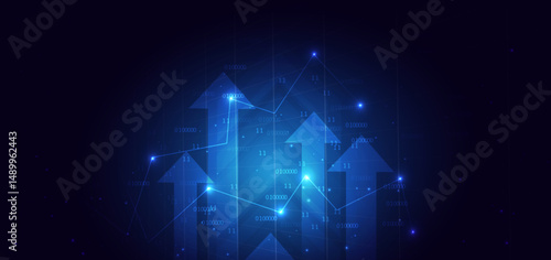 Arrow up finance chart stock market growth glowing light effect on dark blue background. Business investment concept.