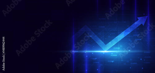 Finance chart stock market growth glowing light effect on dark blue background. Business investment concept.