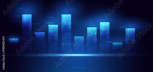 Arrow up finance chart stock market growth glowing light effect on dark blue background. Business investment concept.